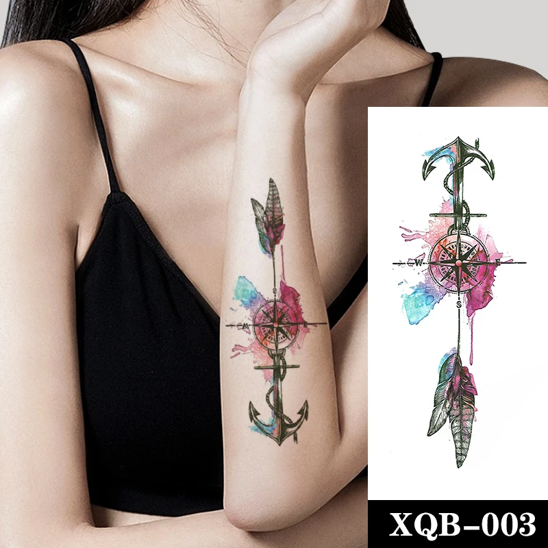 

Watercolor Compass Feather Waterproof Temporary Tattoo Sticker Black Anchor Fake Tattoos Flash Tatoos Arm Body Art for Women Men