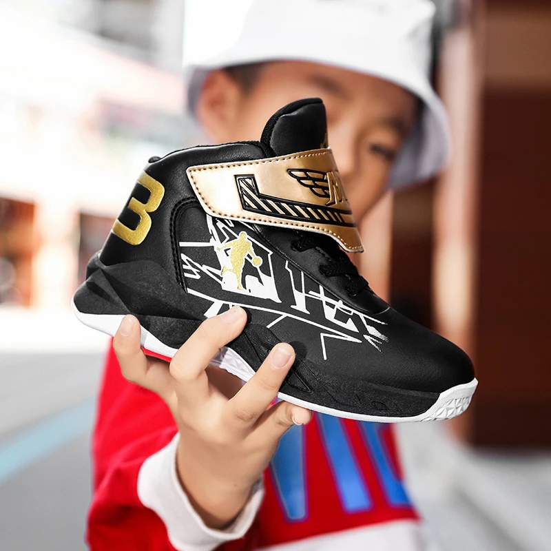 

2021 New Teenagers Sports Basketball Shoes Hook-Loop Boys Training Sneakers Non Slip Girls Basketball Boots High Top Sport Shoes