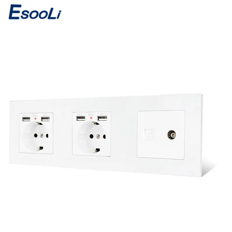 ESOOLI стандарт ЕС черная пластиковая панель двойная розетка с 4 USB зарядным портом +