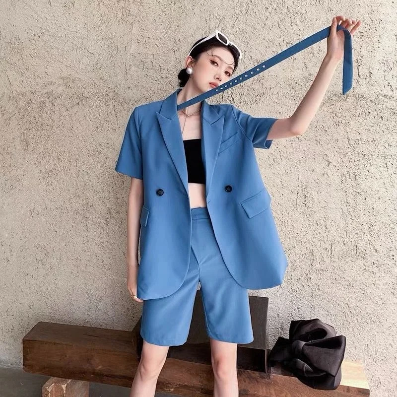 

Fashion Wild Pocket Solid Color Short Sleeve Suit Jacket + High Waist Was Thin And Simple Wide Leg Shorts Two-piece Suit