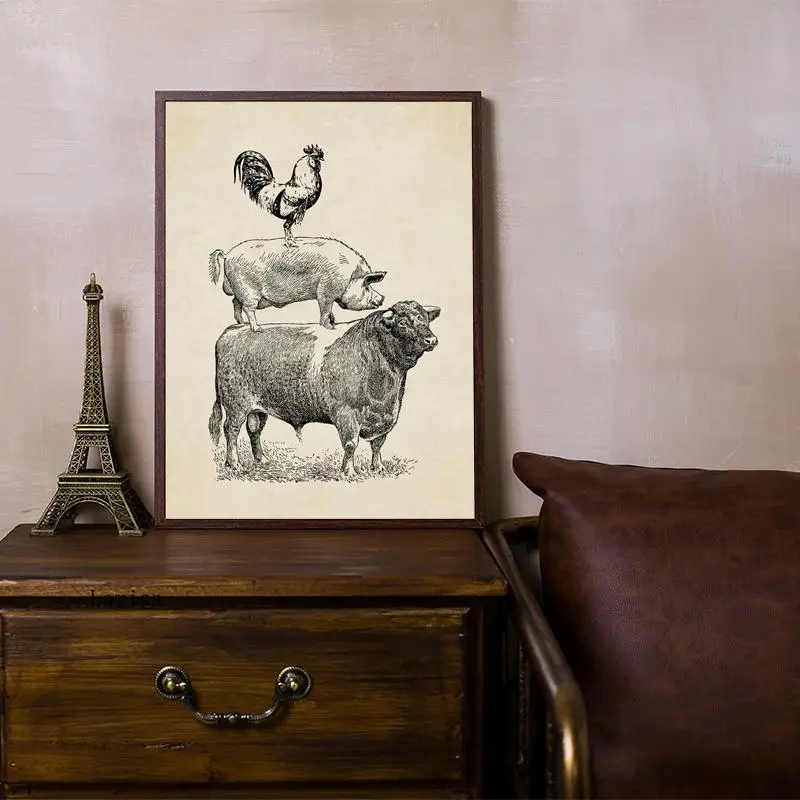 

Farm Poultry Cow Pig Chicken Vintage Poster Kitchen Decor Painting French Country Farmhouse Retro Canvas Picture Wall Art