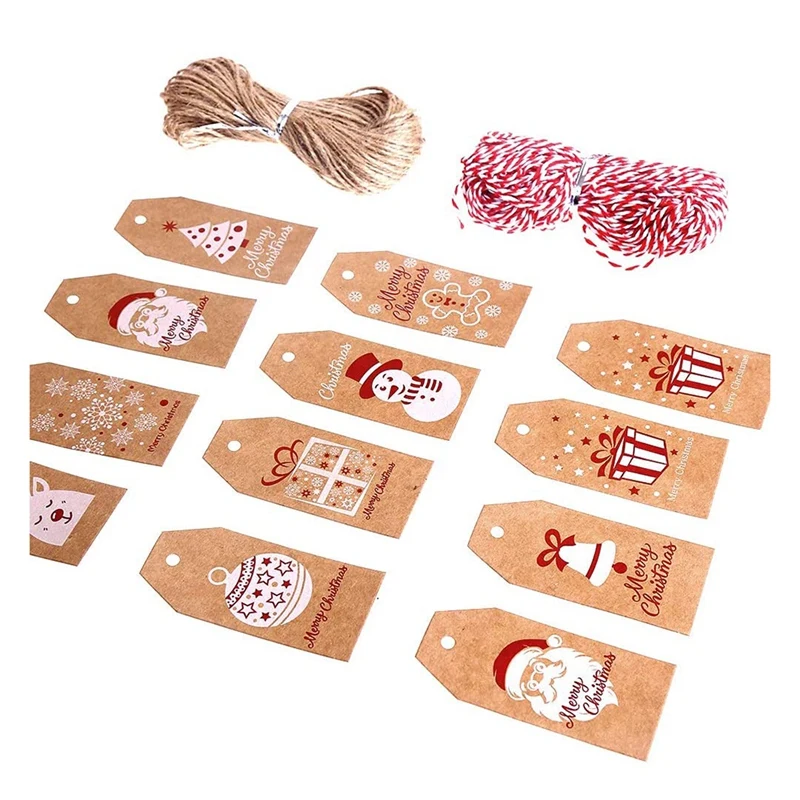 

100Pcs 10 Styles Christmas Kraft Present Gift Tags Hang Labels with 100 Feet Cotton String and Natural Jute String