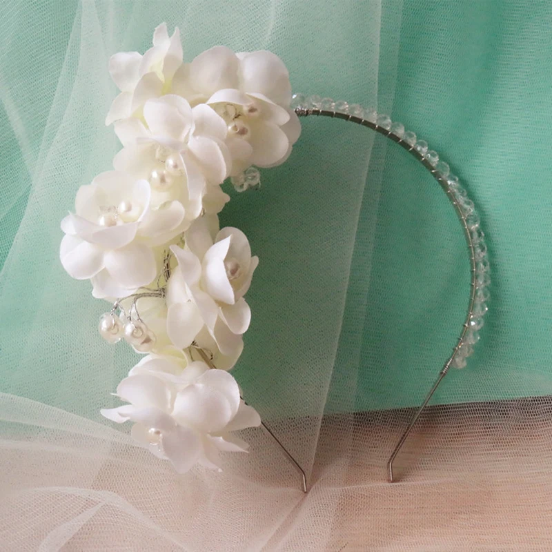 HIMSTORY Luxury Wedding Handmade Lace Silk Yarn Headband Floral Flower Pearl Beads Crystal Hairbands Girl Hair Accessories | Украшения и