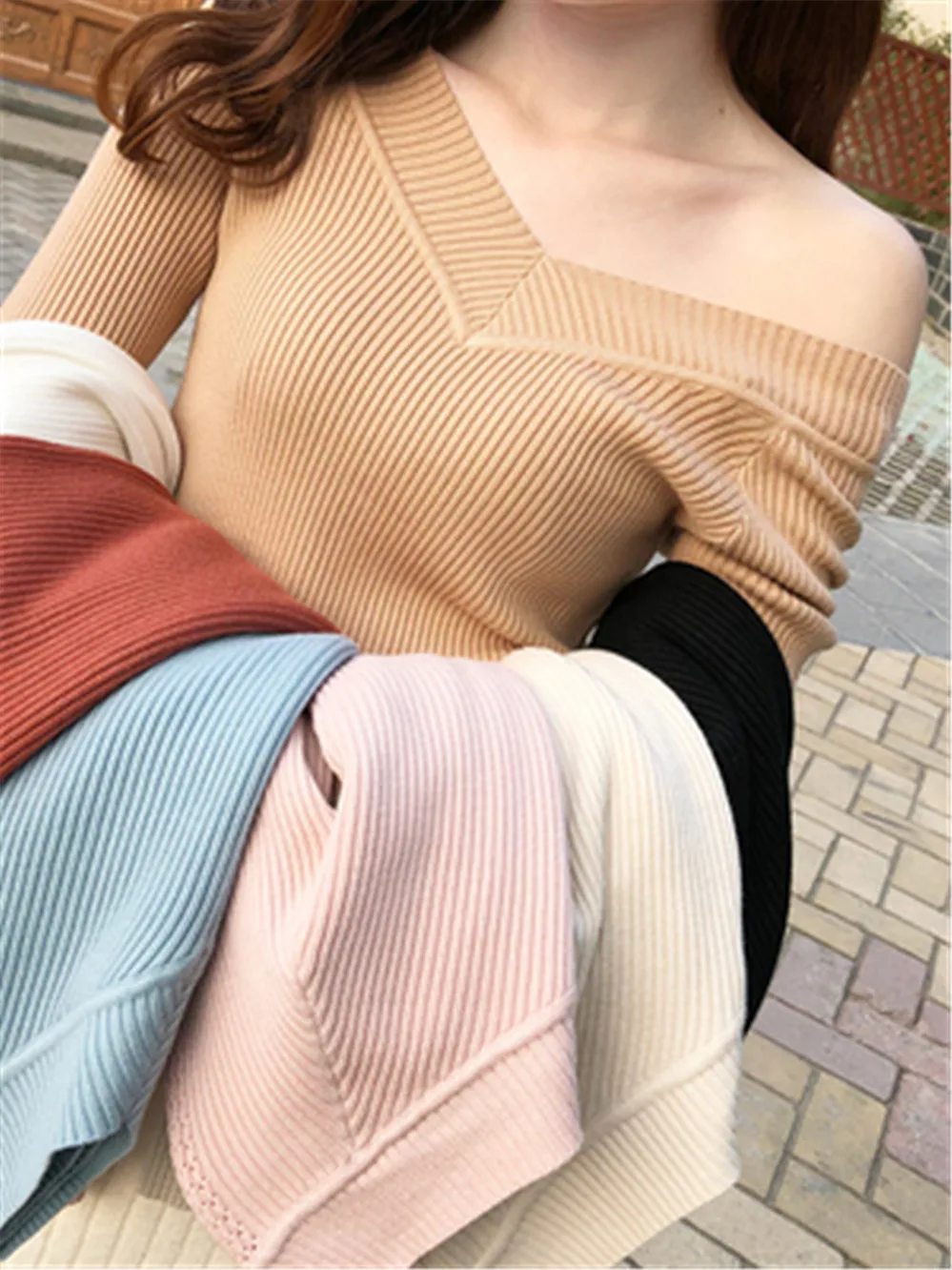 

Slim Sexy V-Neck Off Shoulder Knitting Tops Solid Bottoming Jumper Pull Femme Women Knitted Sweaters and Pullovers