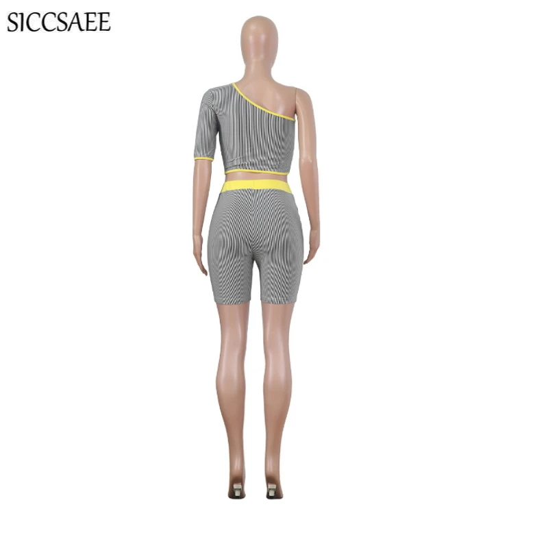 

Striped Printed Two Piece Set One Shoulder Crop Top And Shorts Sets For Women Bodycon Bodysuit Activewear Tight Bandage Playsuit