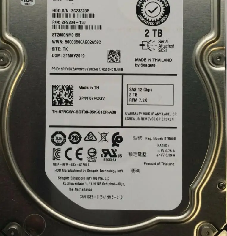 

2 шт., жесткий диск для DELL 2 ТБ 7,2 K 3,5 дюйма SAS 07RCGV