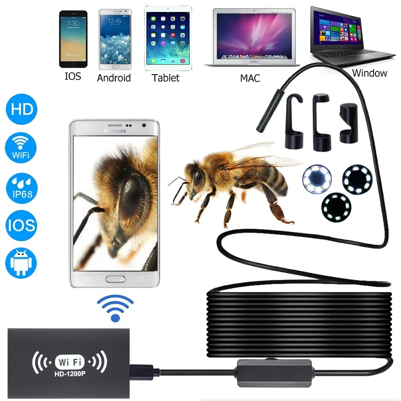 

WIFI Endoscope Camera 1200P 8mm wireless Endoscopio inspection borescope 1m 2m 5m 10m Soft&Hard Cable For Windows Android IOS