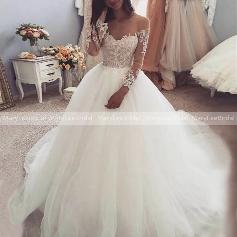 

Skin Mesh Long Sleeves Wedding Dress France Lace Appliques Scoop Neckline White Tulle Ball Gown Bridal Dresses Vestido De Noiva