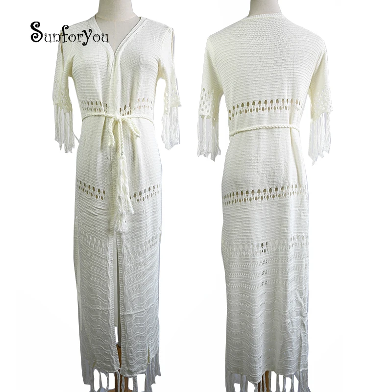 Вязаная длинная Пляжная накидка пляжный кафтан туники для пляжа купальник халат