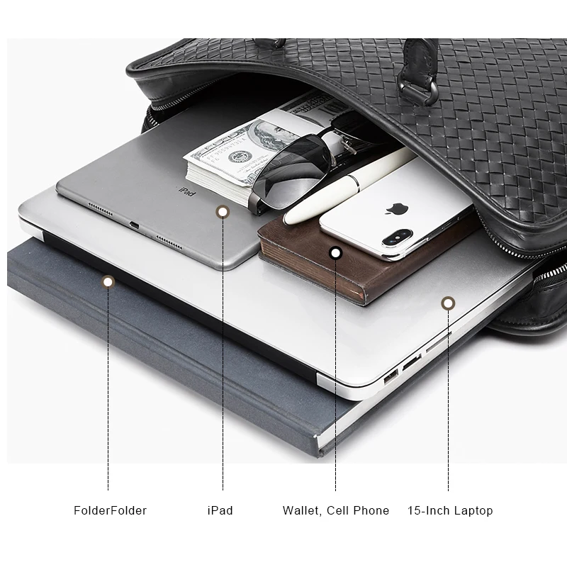 Men's Luxury Brand Business Briefcase Large Capacity Authentic Leather Sheepskin Woven Classic Shoulder Handbag 15-Inch Notebook