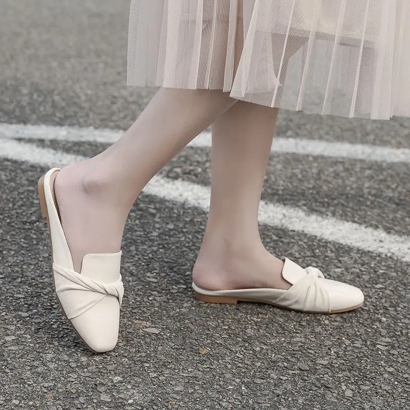 Half Slippers Female Summer 2021 New Lazy Loafers Shoes Leisure Flats Slippers Sandals Outside Mules Shoe Beige Slides Flip Flop