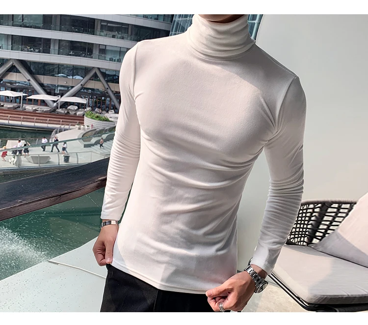 Азиатский размер Slim Fit стрейч бархат водолазка Мужская футболка с длинным рукавом осенние вечерние Нежные мужские
