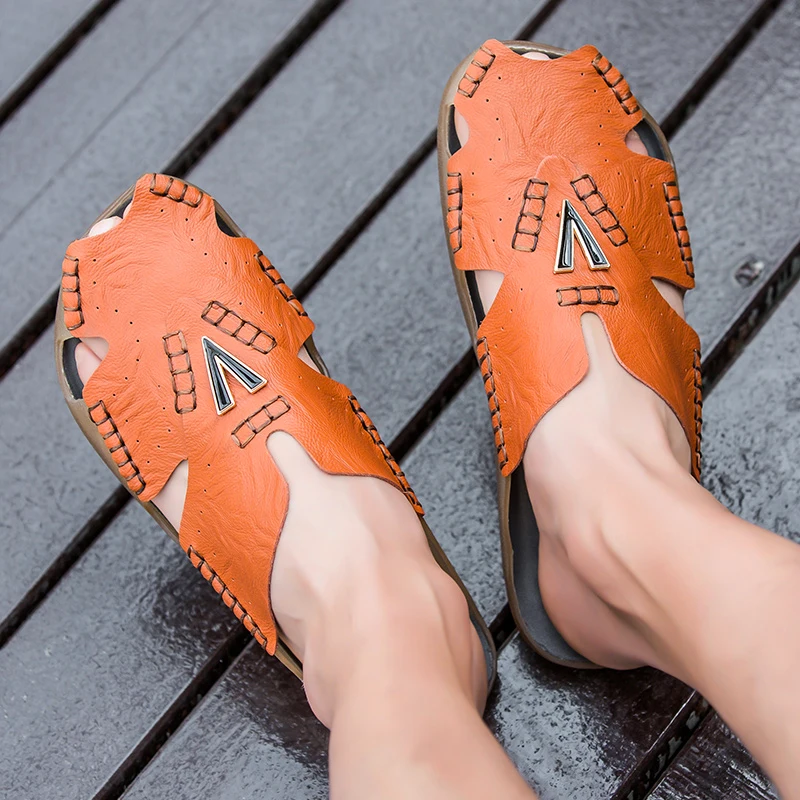 

CYYTL Men Soft Slide Slippers Soft Leather Breathable Summer Sandals Slip On Outdoor Casual Beach Hand Stitching Flat Shoes