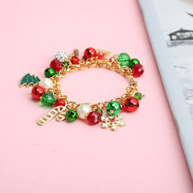 Gold Tone Christmas Bracelet Party Favor X-Mas Holiday Jingle Bells Charm Beaded Crystal Ball Wristband 25pcs/lot