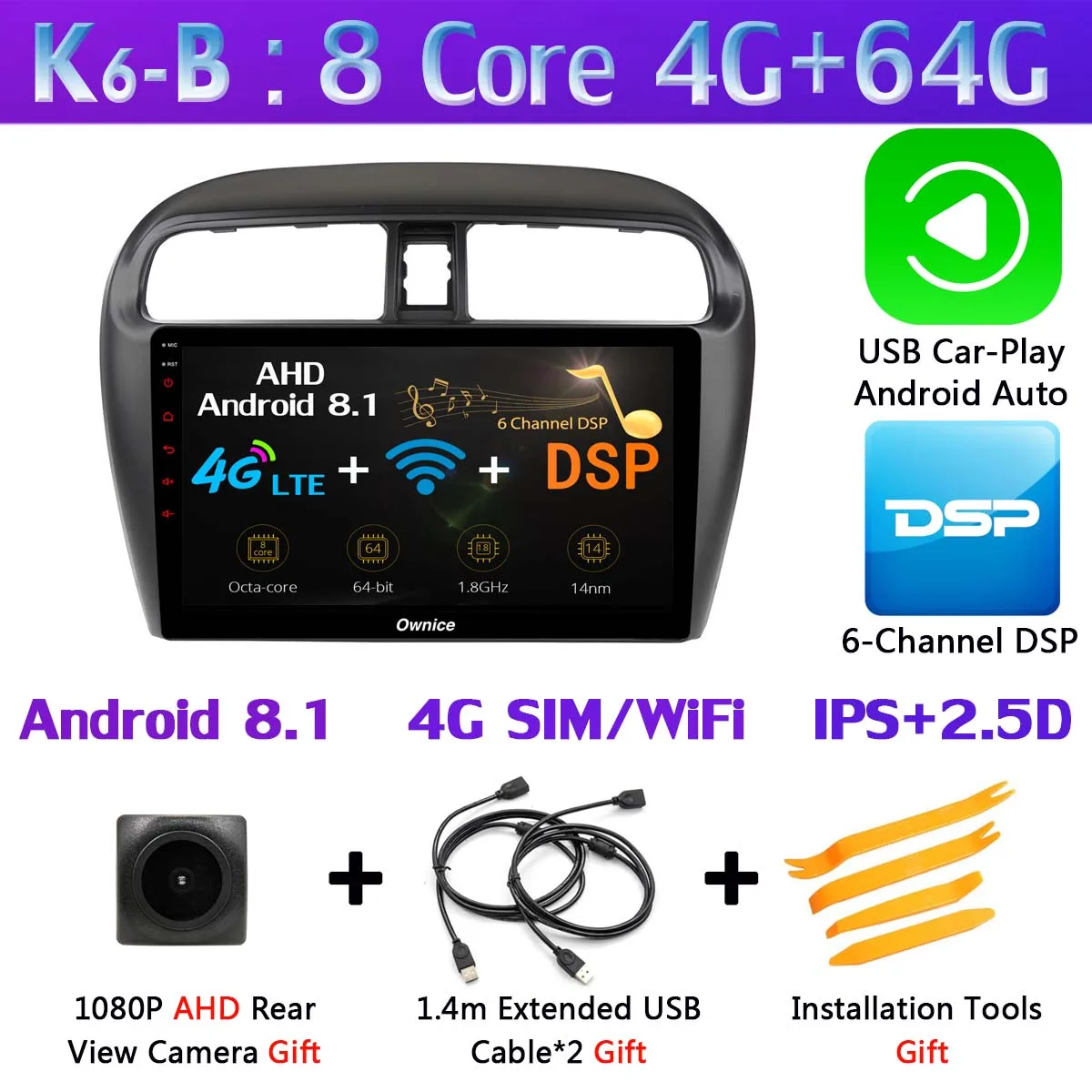 K6-B-CarPlay 360 ° AHD DVR камера 4GSIM wifi Android 9,0 8Core 4+ 64G SPDIF DSP CarPlay gps радио для Mitsubishi Mirage Attrage GT G46 2012 - Цвет: K6-B-CarPlay