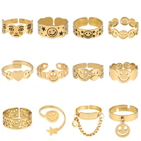 punk stainless steel ring smile face ring geometric chain ring open finger ring gold adjustable rings for women jewelry