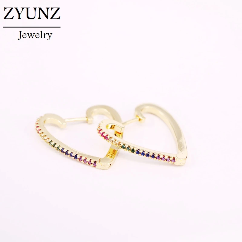 

4 Pairs, Rainbow Crystal Zirconia Heart Stud Earring Gold Color Studs CZ Micro Pave For Women Girls