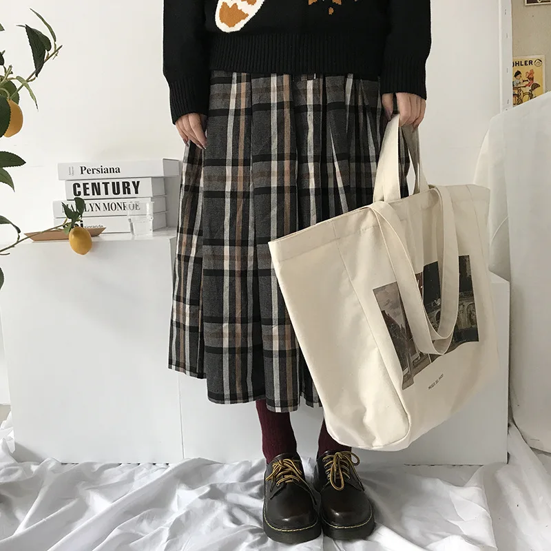 

Original Women Canvas Bag 2021 New Retro Building Print Shoulder Bag Large Capacity Students Books Bag Daily Shopping Handbag