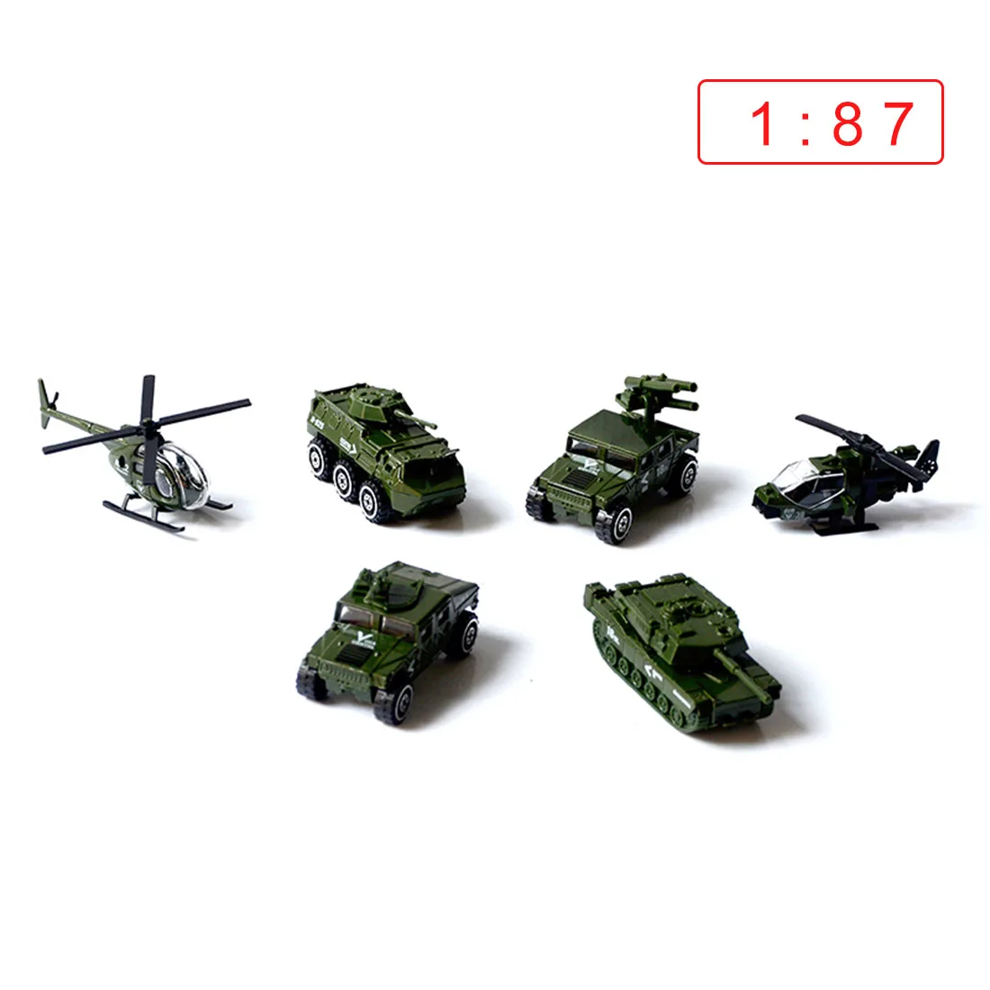 

6Pcs/Set 1:87 HO Scale Military Team Vehicle Model Sand Table Scene Ornaments Scale Model Accessories - Random Color