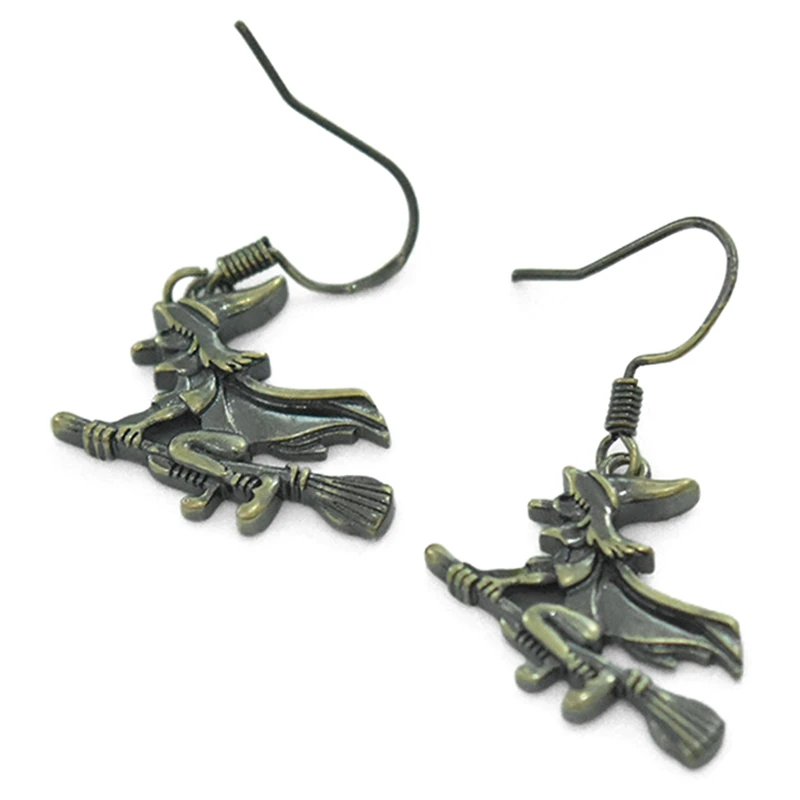 

New Fashion Handmade Witch On Broomstick Halloween Fortune Teller Crystal Ball Pendants DIY Earrings For Women Party