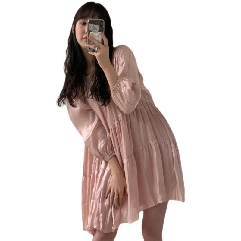 

Korean Chic Early Spring New Sweet Girl Western Style Youthful Fashionable Glossy Loose Long Sleeve Doll Dress