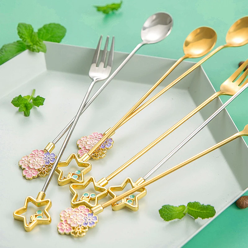 2PCS Cherry Blossom Spoon Fork Japanese creative cute stainless steel coffee spoon Home kitchen star long handle stirring | Дом и сад