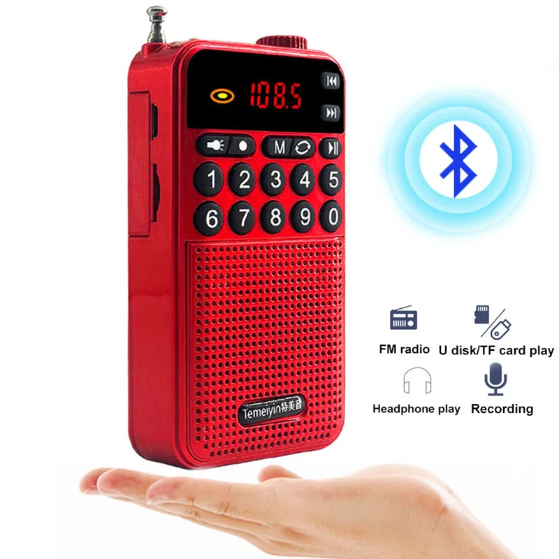 

Portable Pocket Radio Mini Bluetooth 5.0 Speaker Support Recording U Disk TF Card Headphone Stereo Music Player with Flashlight