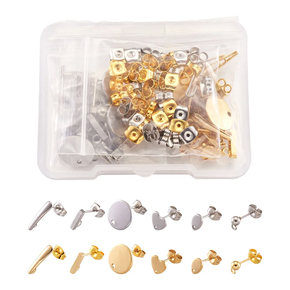 

48pcs 6 Styles Stainless Steel Earring Post Rectangle Bar Teardrop Heart Ball Stud Earring with Earring Back for Jewelry Making