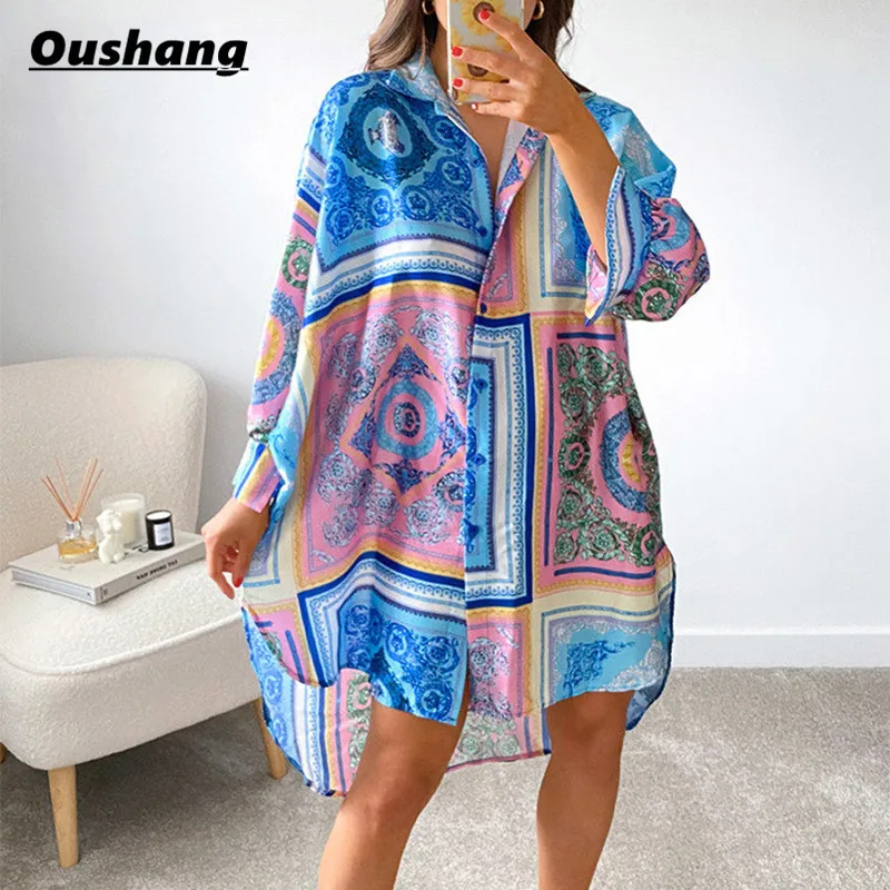 

2021 Summer Long Sleeve Beach Shirt Dress Women V Neck Y2K Print Blue Loose Sexy Party Casual Green Dresses Vintage Streetwear