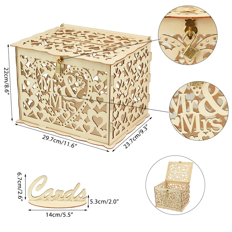

DIY Wooden Wedding Card Boxes Heart Couple MR&MRS Flower Pattern Gifts Card Box With Lock For Wedding Birthday Party Decor Box