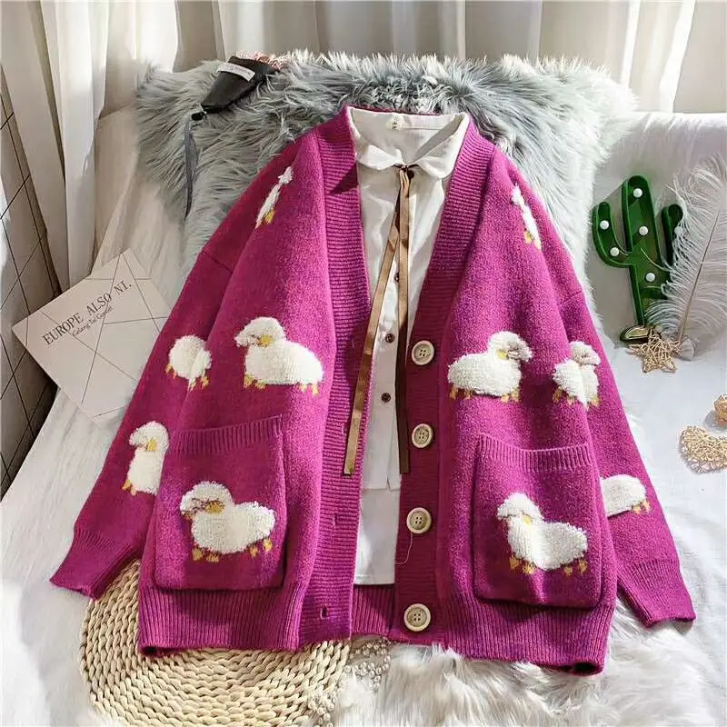 

2020 Female Cardigan Loose Knitted Sweater Coat Cute Cartoon Print V Neck cardigan Women Single Breasted Jacket