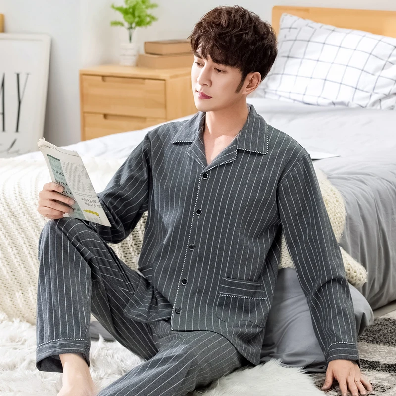 Casual Loose Sleepwear Thin Summer Long Sleeve Bedroom Cotton Comfy Set Plus Size Sleepwear Szata Zestawy Men's Sleep DB60SY