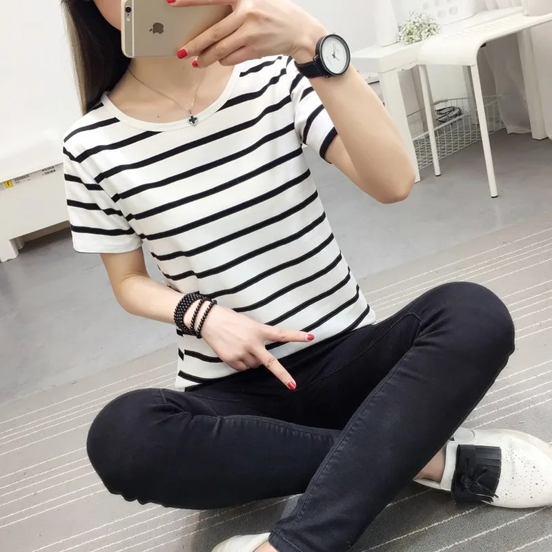 Женская тонкая футболка с короткими рукавами летняя модная круглым вырезом и