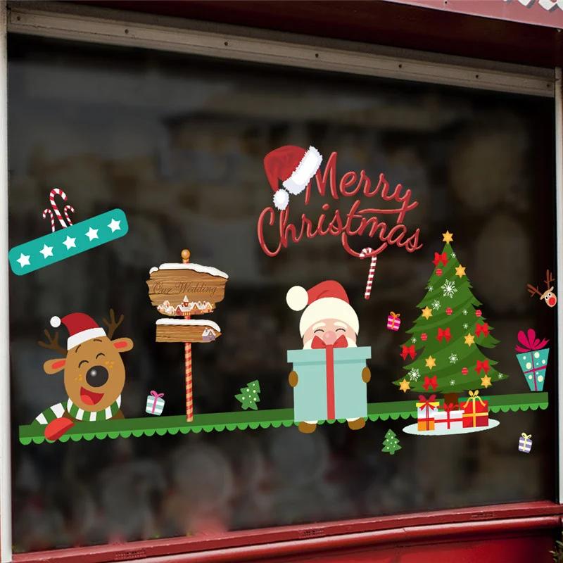 

Christmas Tree Cartoon Santa Claus Wall Art Stickers For Shop Office Home Decoration Diy Xmas Festival Window Decal