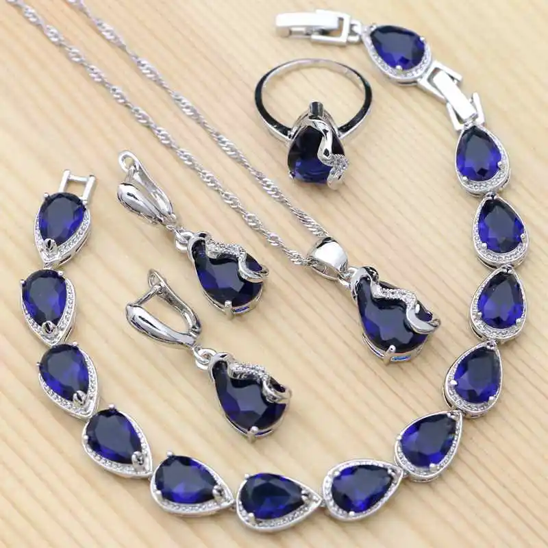 

925 Sterling Silver Jewelry Blue Cubic Zirconia Water Drop Jewelry Sets For Women Earring/Pendant/Necklace/Bracelet/Ring Set
