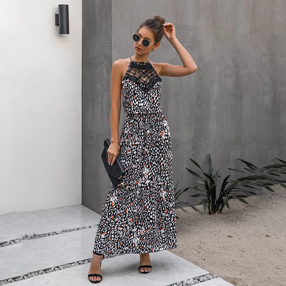 2020 New Summer Women Dress Floral Printed Boho Maxi Elegant Ladies Beach Sundress Sexy Hollow Out Lace vestidos Q30 | Женская одежда