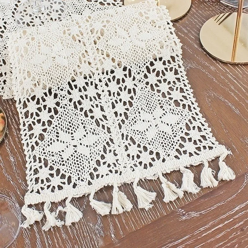 

Nordic Crochet Lace Table Runner with Tassel Hollow Tablecloth Romance Wedding Party Table Cover