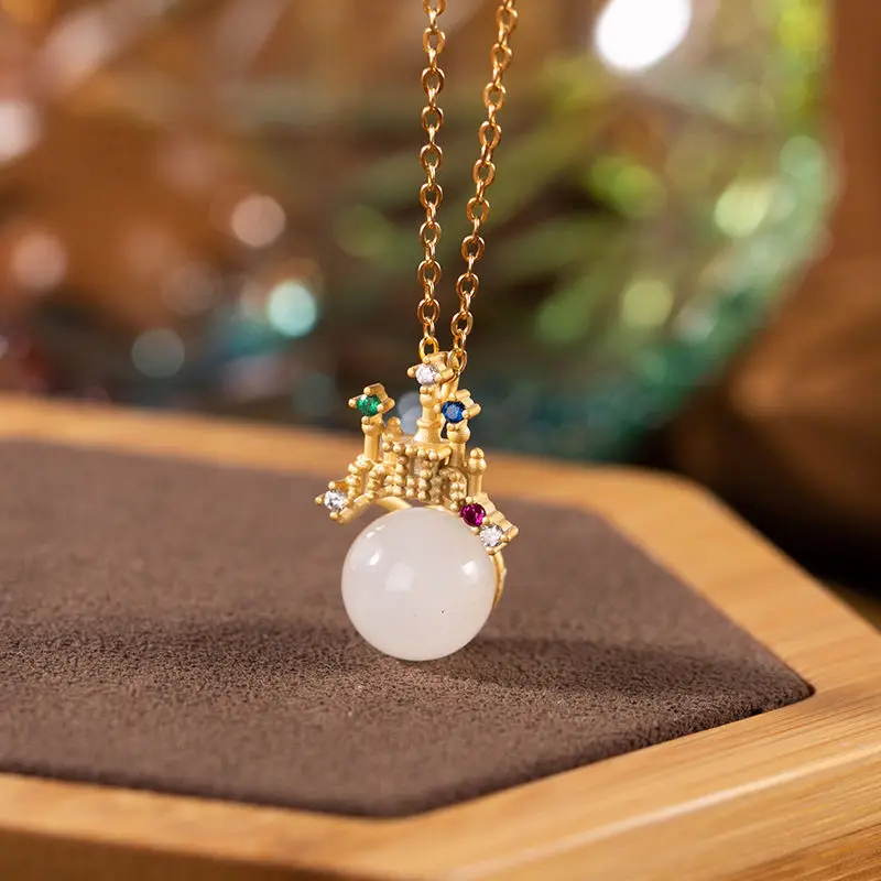 

Original Golden Hetian Jade White Jade round Beads Personalized Clavicle Chain Classic Ladies' Pendant Silv