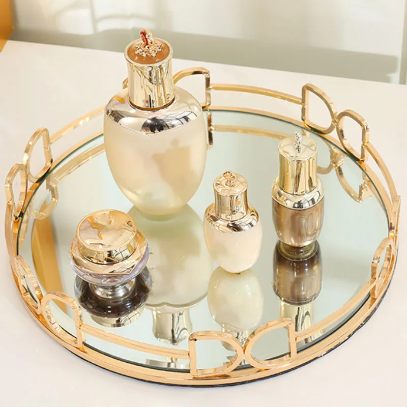 

Golden Stroke Storage Tray Nordic Glass Mirror Cosmetic Plate Desktop Jewelry Display Trays Dressing Table Decoration Ornaments