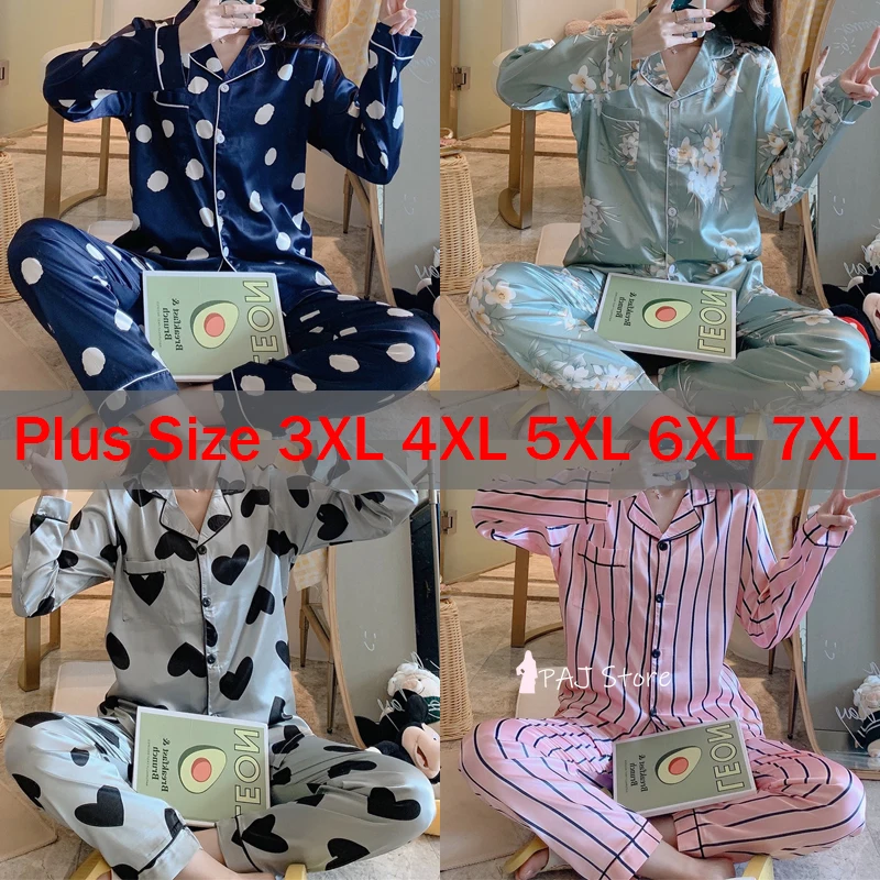 5XL 7XL женские Летние пижамы размера плюс Роскошные атласные женский костюм ночная