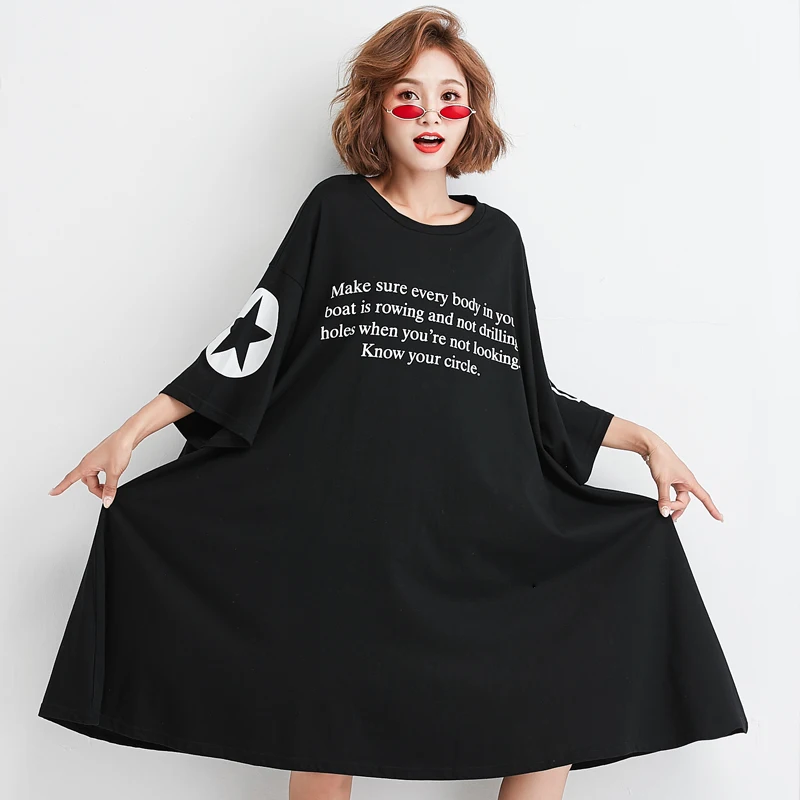 Плюс размер 2019 Женская туника-платье летняя Европейская Повседневная Свободная