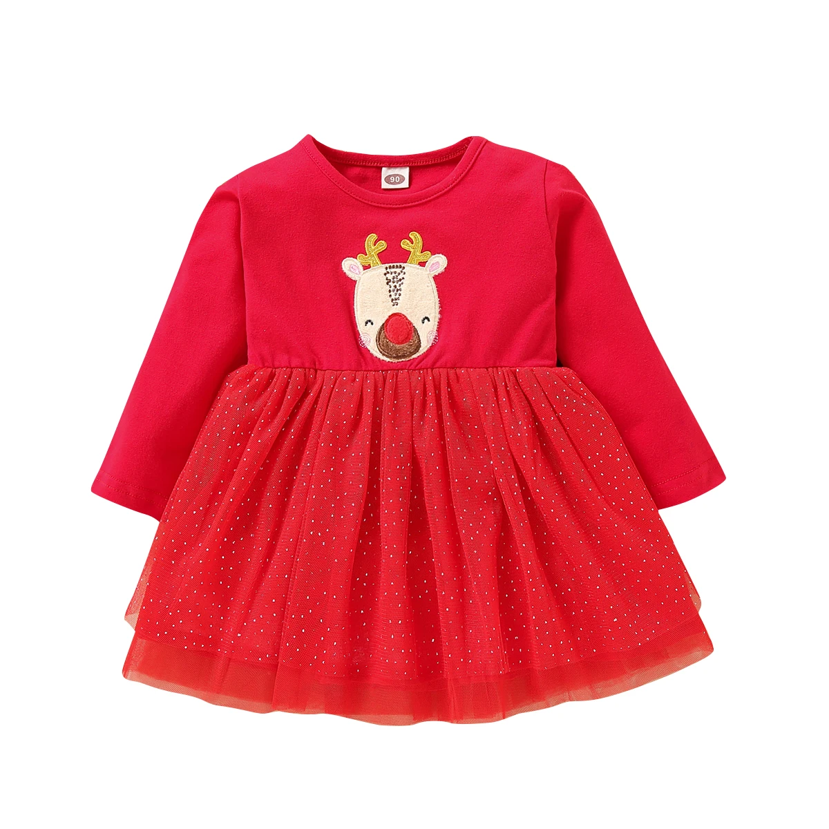 

Emmababy Christmas XMAS Girls Christmas Dress Red Elk Applique Pattern Round Collar Long Sleeve Yarn Hem Skirt Red