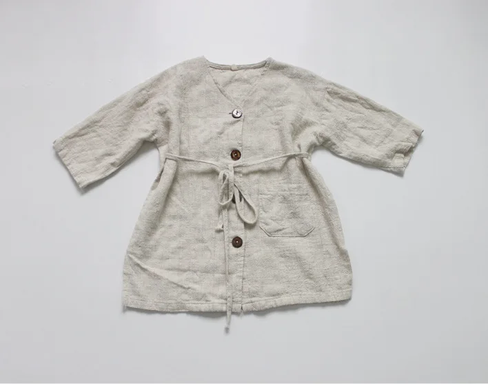 Korean Style Autumn New Children Windbreaker Outerwear Cotton Linen Girls Long Jackets Kids Clothes Pure Color Robe Coats | Детская