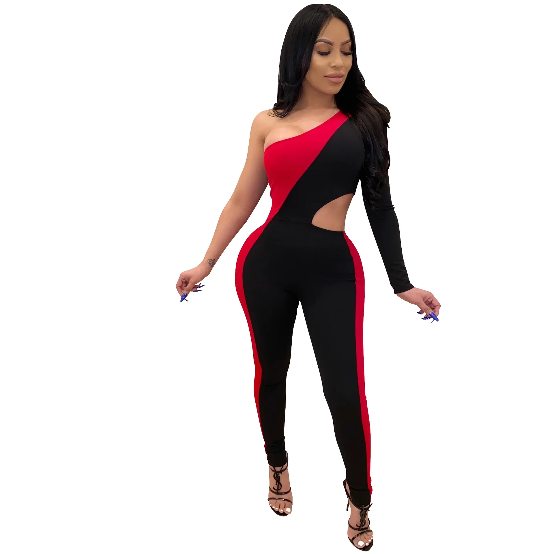 

Fashion Overalls For Women Elegant Bodycon Summer Bodysuit Plus Size Jumpsuit Tight Pants Sexy Stitching One Shoulder Hollow Out