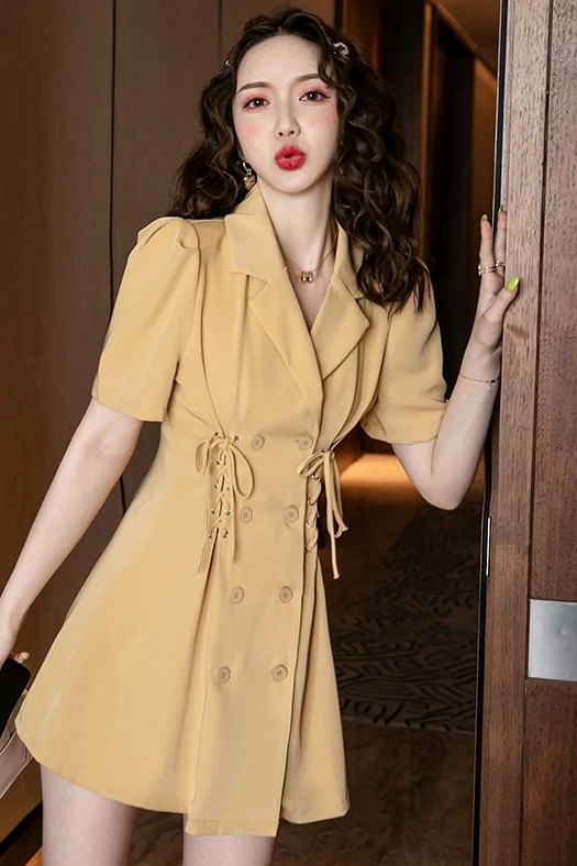 

COIGARSAM Cute Women one-piece dress korean New Summer Vintage High Waist Dresses Yellow Black 3013