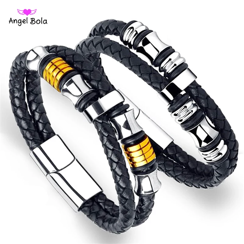 

Men's Black Cow Genuine Leather Wrap Buddha Bracelet Titanium Stainless Steel Magnetic Rope Chain Male Charm Bracelet For Men