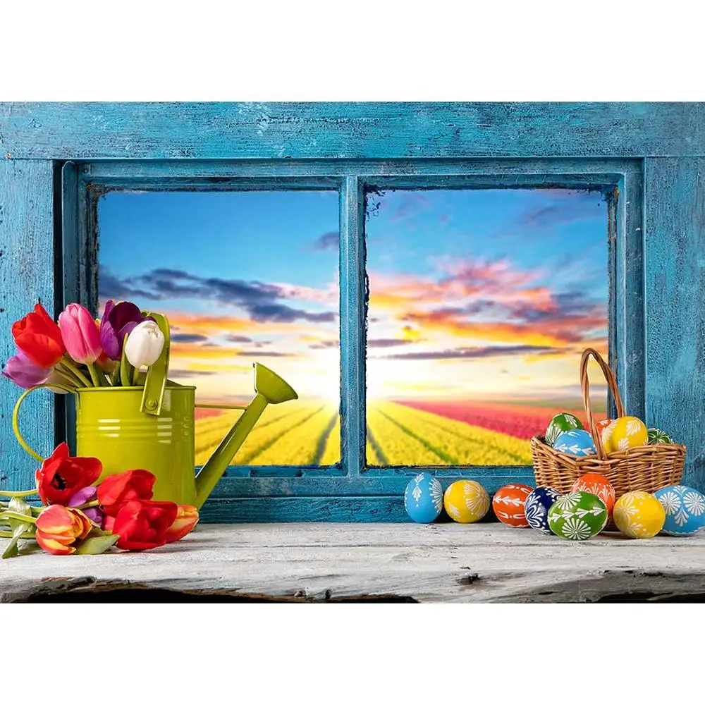 Тюльпаны фотографический фон с пасхальными яйцами окна фоны для фотосъемки на