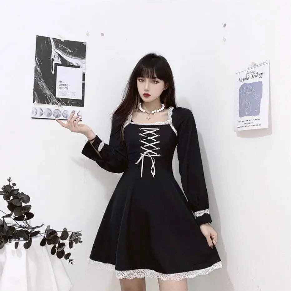 

NONSAR Black Girl Dress New Black Lace-Up Waist Slimming Dress Women's Stitching Base Long Sleeve