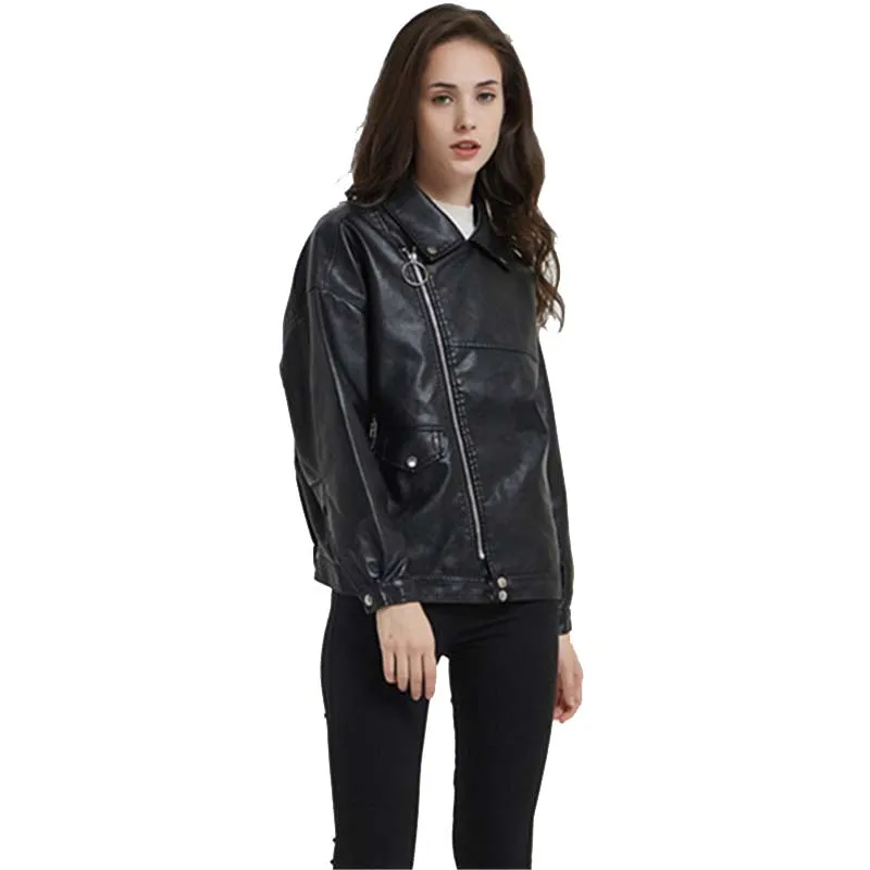 Boyfriend Style Black Faux Leather Biker Jacket for Women Cute Ladies Punk Rock Raglan Sleeve Slant Zipper PU Leather Jacket