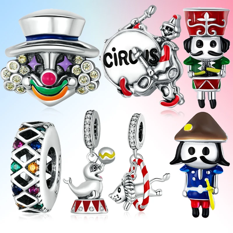 

circus series jewelry drum clown seal Lion Flag Charm Beads fashion bracelet pendant Bijoux 925 sterling silver